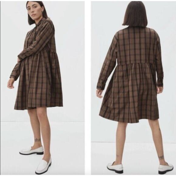 Everlane The Field Mini Shirt Dress | Mocha Brown Plaid Cotton | Oversized Fit - Picture 1 of 7